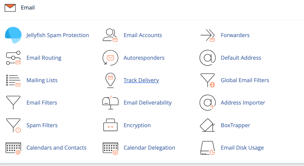 Cpanel's Email options in the websites domain running WordPress.